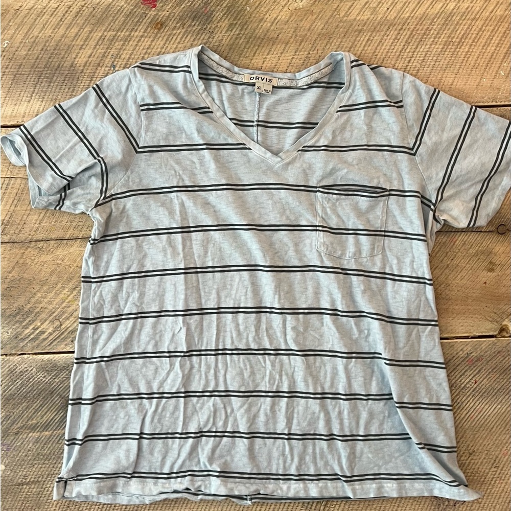 Orvis Womens XL Blue Striped V-Neck Short Sleeve Pocket T-Shirt Heathered Tee